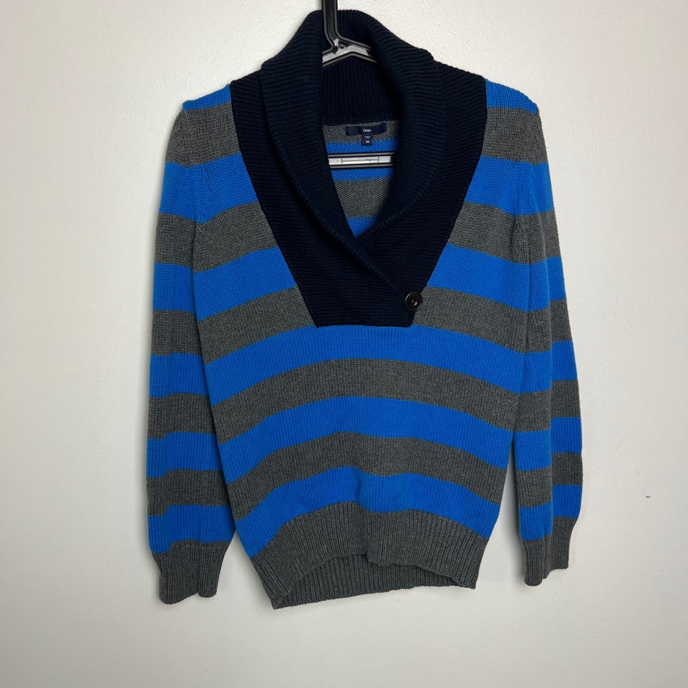 GAP Vintage‎ Men Blue Gray Striped Shawl Collar Button Sweater Size XS Retro Y2K